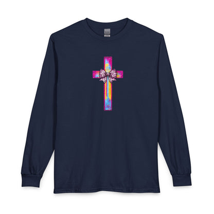 He Is Risen Christian Long Sleeve Shirt | Colorful Cross With Bow Design | Matthew 28:6 Faith Long Sleeve Tee