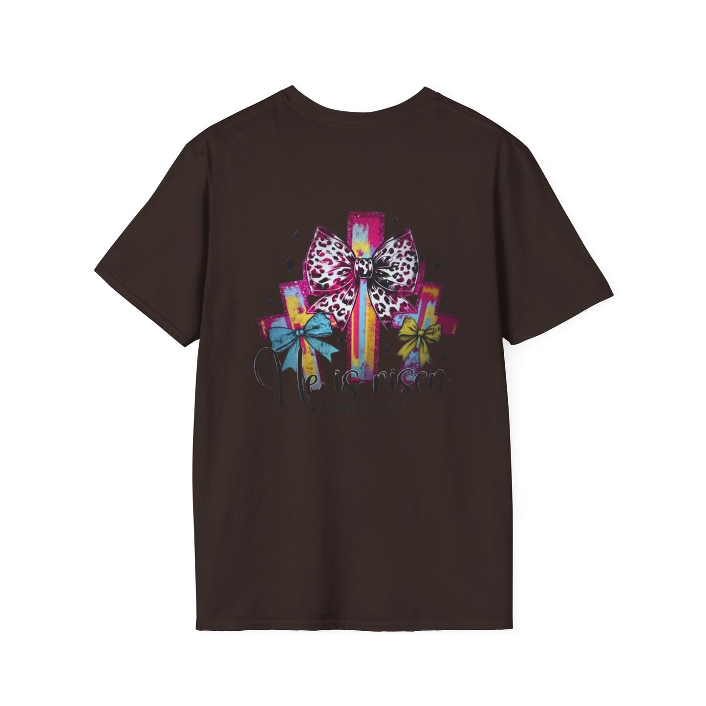 He Is Risen Christian Cross T-Shirt – Colorful Bow Cross Design | Matthew 28:6 Faith Tee