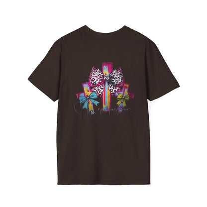 He Is Risen Christian Cross T-Shirt – Colorful Bow Cross Design | Matthew 28:6 Faith Tee