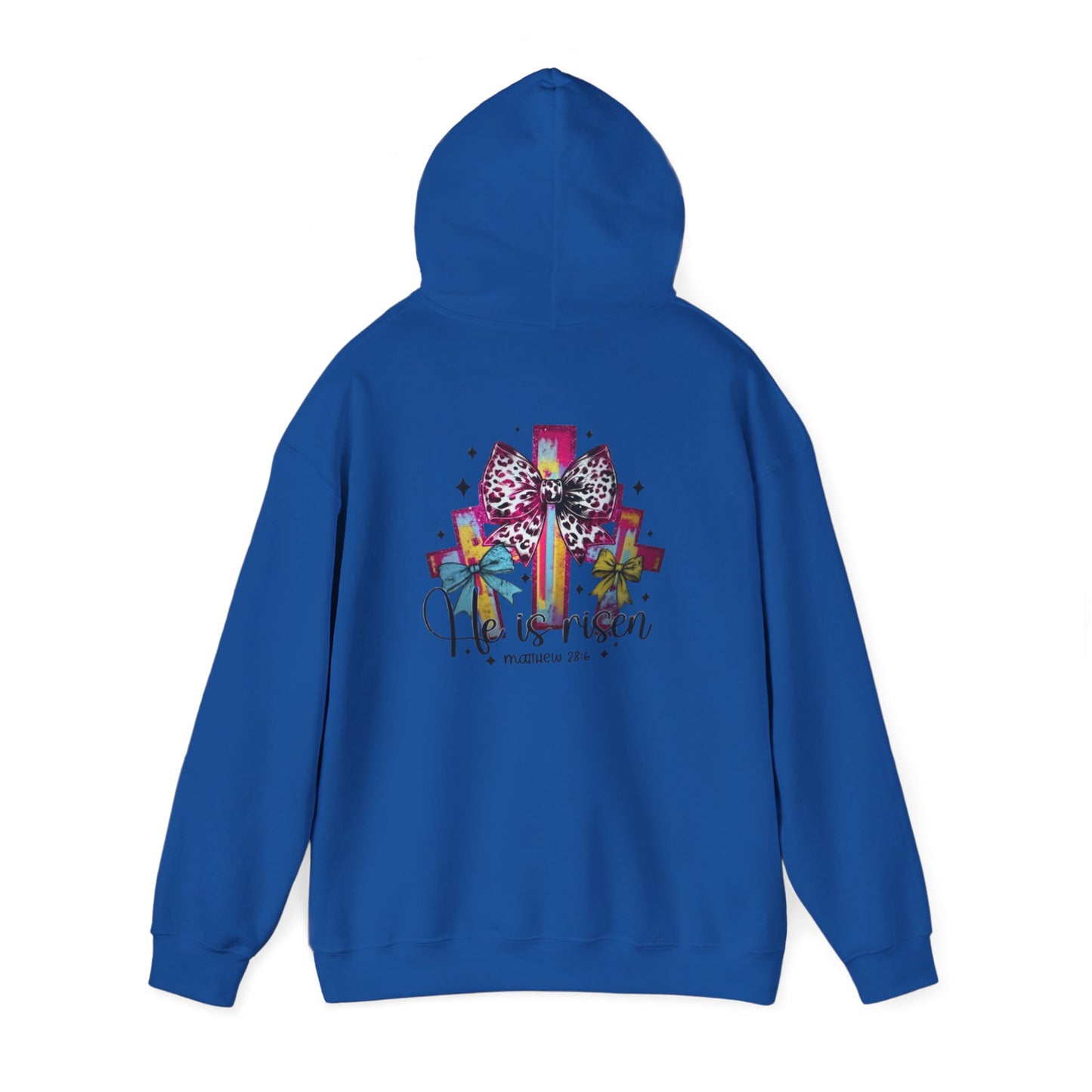 He Is Risen Christian Hoodie | Colorful Cross With Bow Design | Matthew 28:6 Faith Hooded Sweatshirt