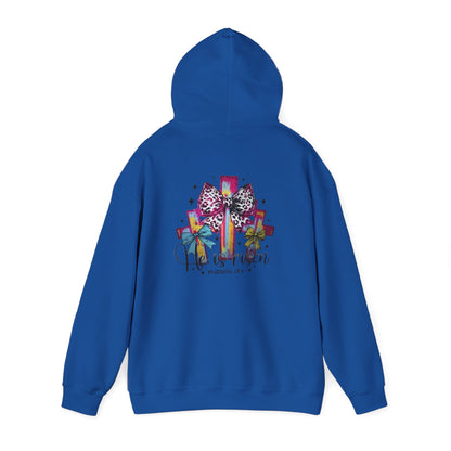 He Is Risen Christian Hoodie | Colorful Cross With Bow Design | Matthew 28:6 Faith Hooded Sweatshirt