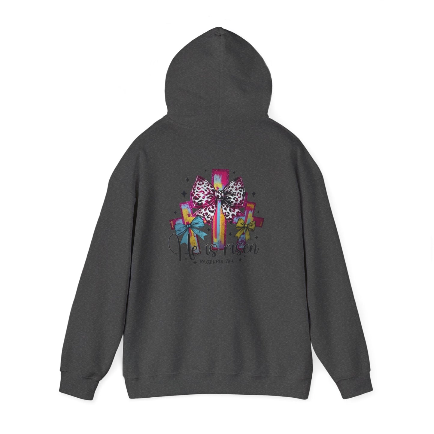 He Is Risen Christian Hoodie | Colorful Cross With Bow Design | Matthew 28:6 Faith Hooded Sweatshirt