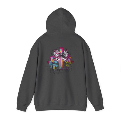 He Is Risen Christian Hoodie | Colorful Cross With Bow Design | Matthew 28:6 Faith Hooded Sweatshirt
