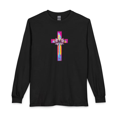 He Is Risen Christian Long Sleeve Shirt | Colorful Cross With Bow Design | Matthew 28:6 Faith Long Sleeve Tee