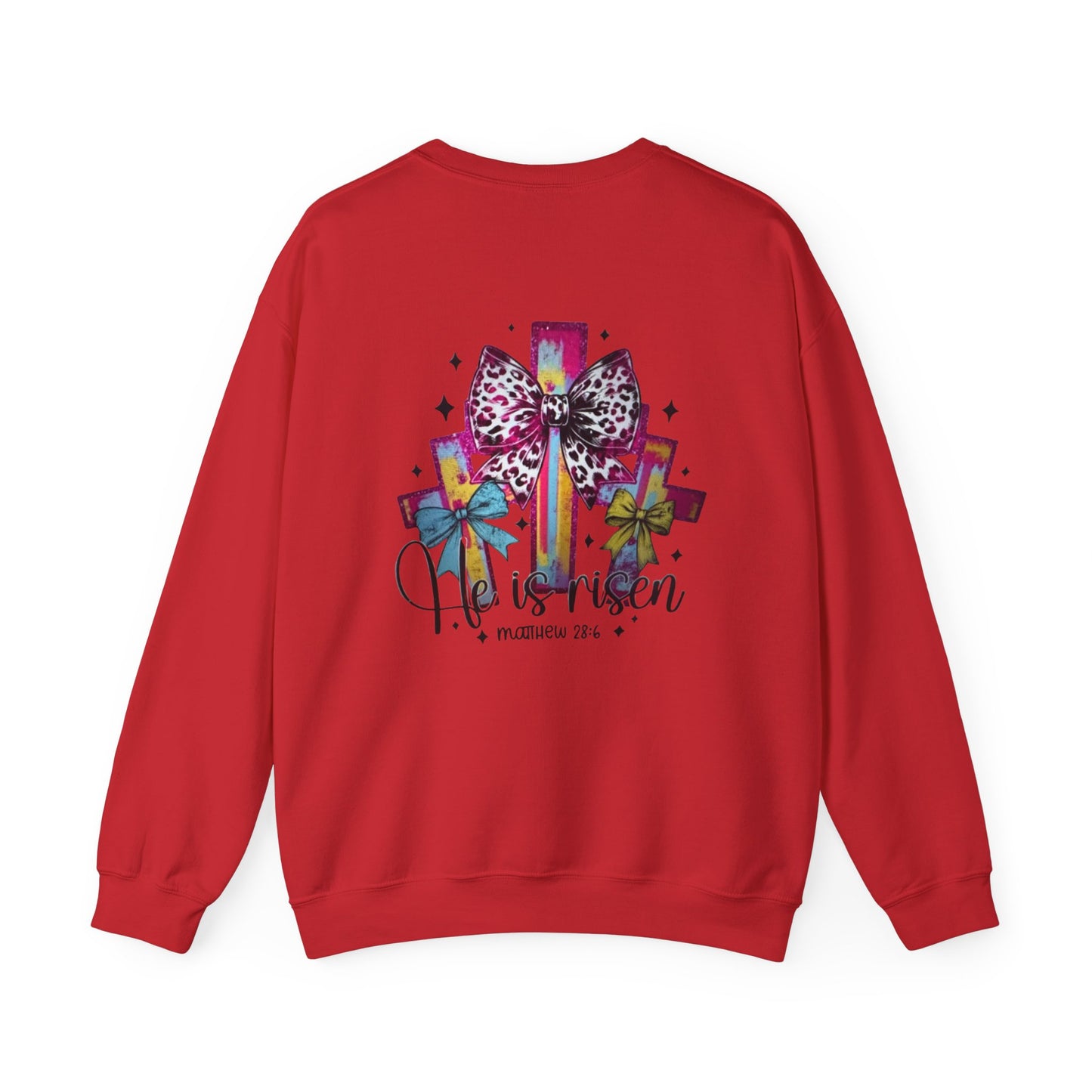 He Is Risen Christian Crewneck Sweatshirt | Colorful Cross With Bow Design | Matthew 28:6 Faith Sweatshirt