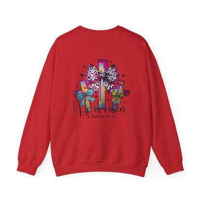 He Is Risen Christian Crewneck Sweatshirt | Colorful Cross With Bow Design | Matthew 28:6 Faith Sweatshirt