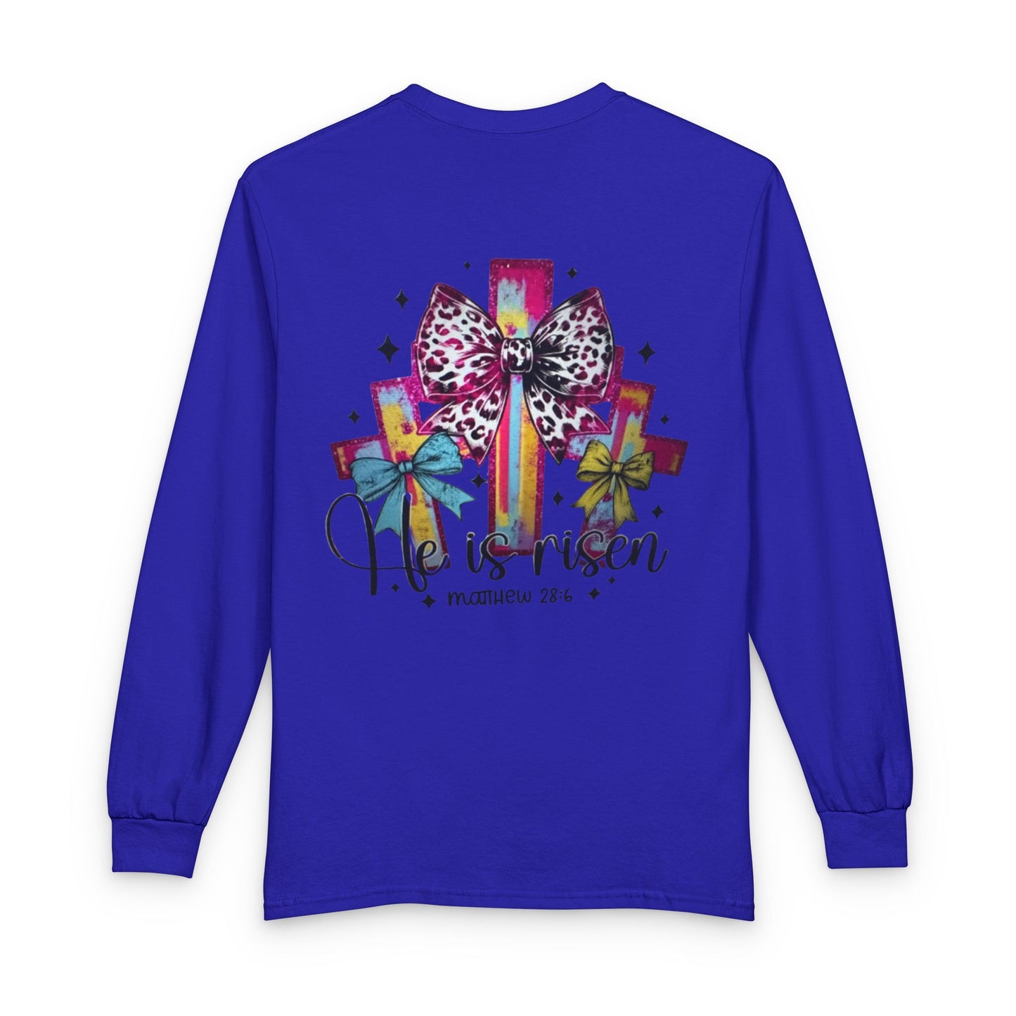 He Is Risen Christian Long Sleeve Shirt | Colorful Cross With Bow Design | Matthew 28:6 Faith Long Sleeve Tee