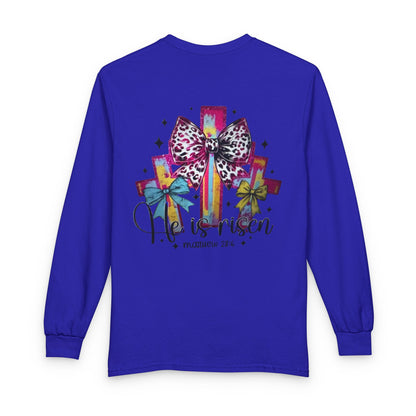 He Is Risen Christian Long Sleeve Shirt | Colorful Cross With Bow Design | Matthew 28:6 Faith Long Sleeve Tee