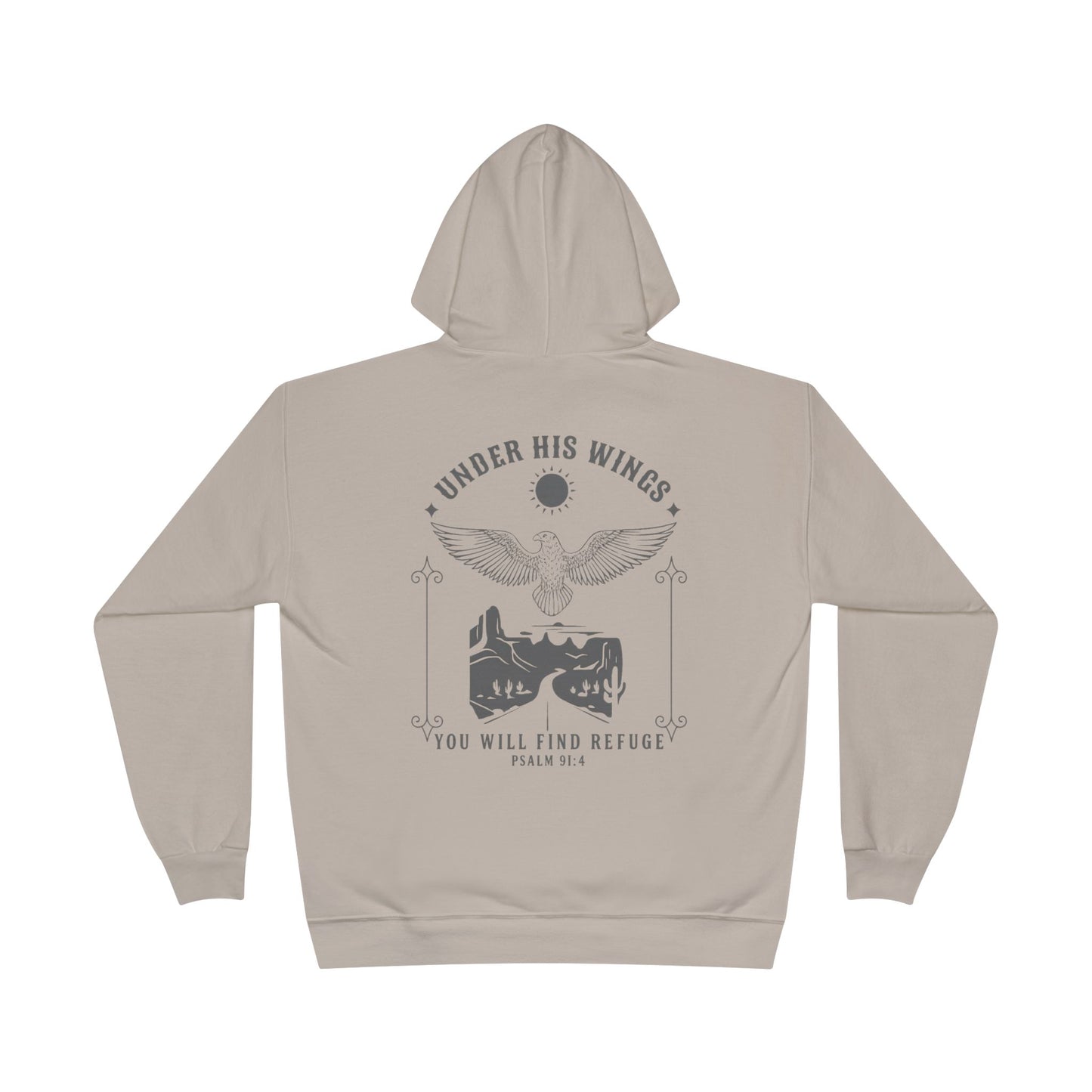 Men’s Christian Hoodie – Under His Wings Psalm 91:4 Faith Pullover with Cross & Eagle Back Design