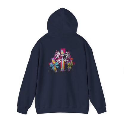 He Is Risen Christian Hoodie | Colorful Cross With Bow Design | Matthew 28:6 Faith Hooded Sweatshirt