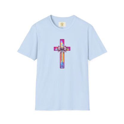 He Is Risen Christian Cross T-Shirt – Colorful Bow Cross Design | Matthew 28:6 Faith Tee