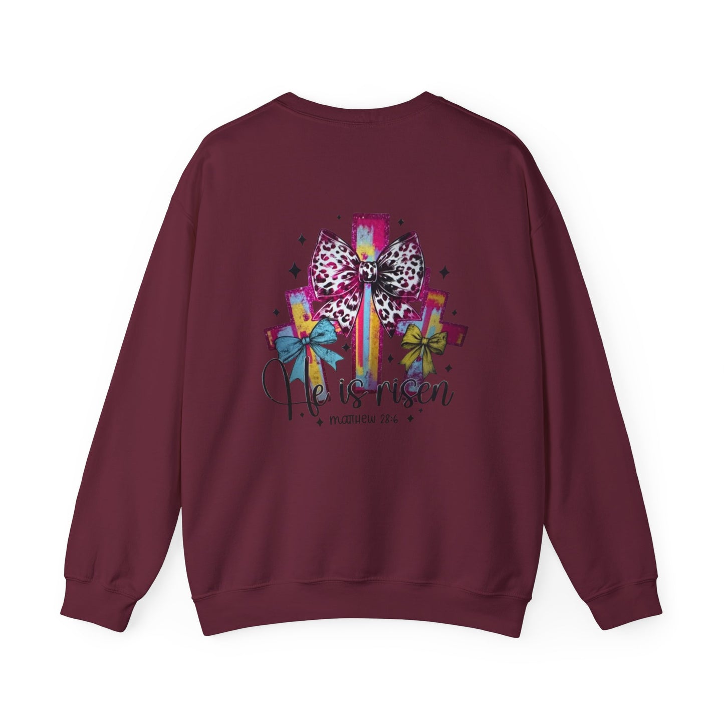He Is Risen Christian Crewneck Sweatshirt | Colorful Cross With Bow Design | Matthew 28:6 Faith Sweatshirt