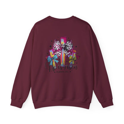 He Is Risen Christian Crewneck Sweatshirt | Colorful Cross With Bow Design | Matthew 28:6 Faith Sweatshirt
