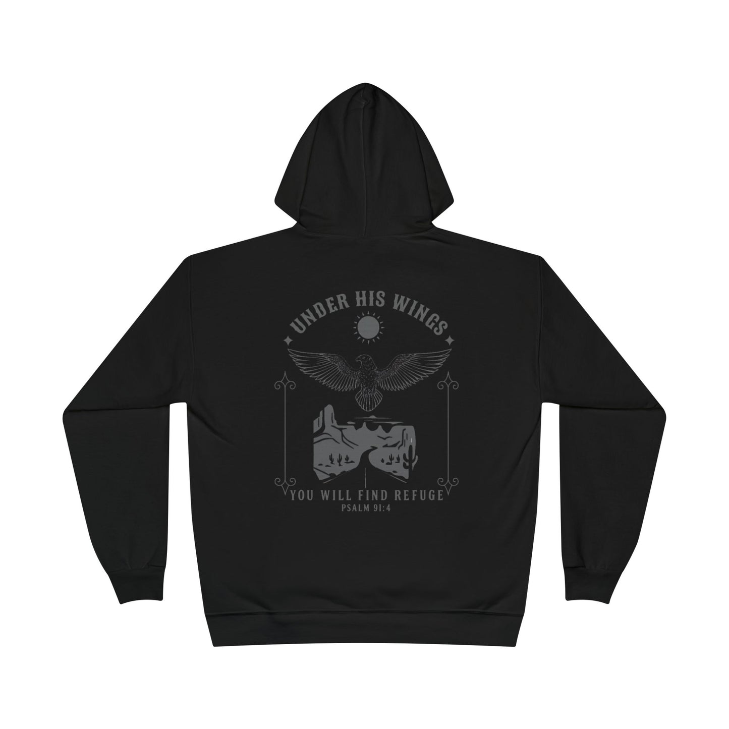 Men’s Christian Hoodie – Under His Wings Psalm 91:4 Faith Pullover with Cross & Eagle Back Design