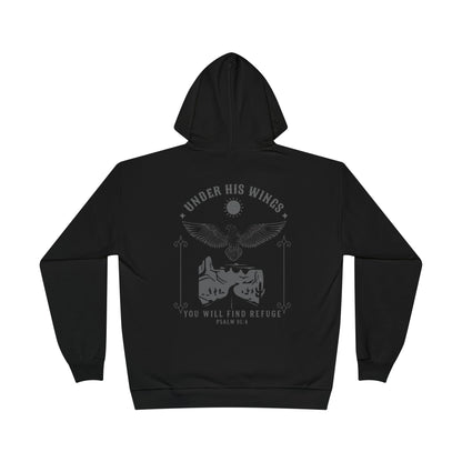 Men’s Christian Hoodie – Under His Wings Psalm 91:4 Faith Pullover with Cross & Eagle Back Design