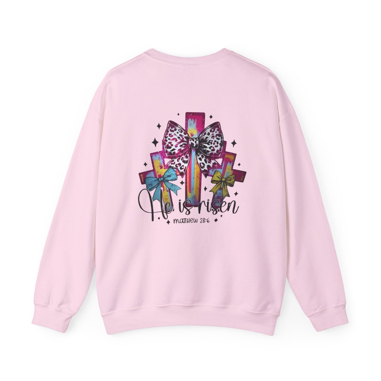 He Is Risen Christian Crewneck Sweatshirt | Colorful Cross With Bow Design | Matthew 28:6 Faith Sweatshirt