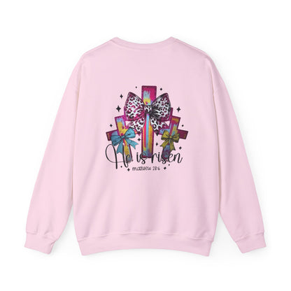 He Is Risen Christian Crewneck Sweatshirt | Colorful Cross With Bow Design | Matthew 28:6 Faith Sweatshirt