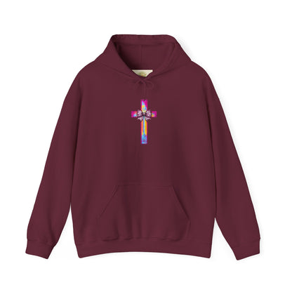 He Is Risen Christian Hoodie | Colorful Cross With Bow Design | Matthew 28:6 Faith Hooded Sweatshirt