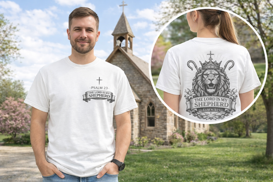 Christian T-Shirt — 'The Lord Is My Shepherd' Psalm 23 Lion Design