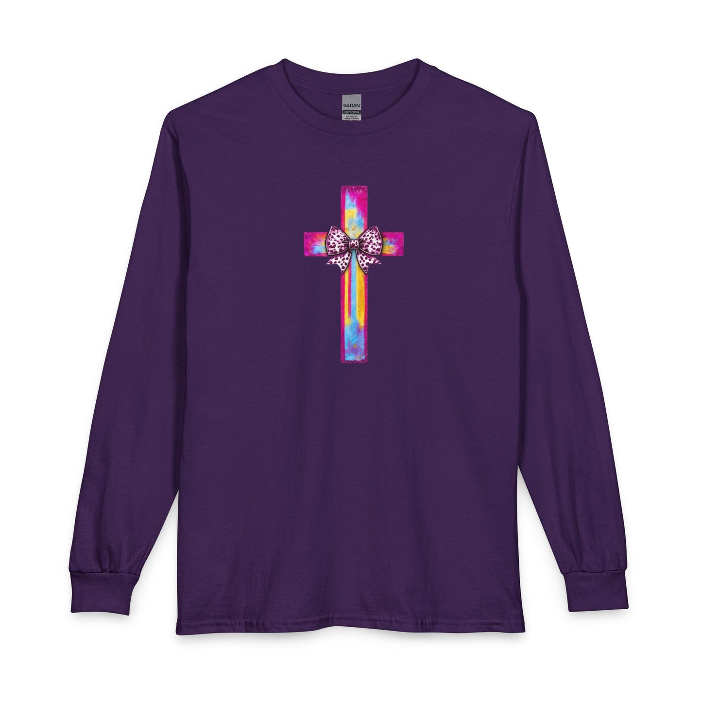 He Is Risen Christian Long Sleeve Shirt | Colorful Cross With Bow Design | Matthew 28:6 Faith Long Sleeve Tee