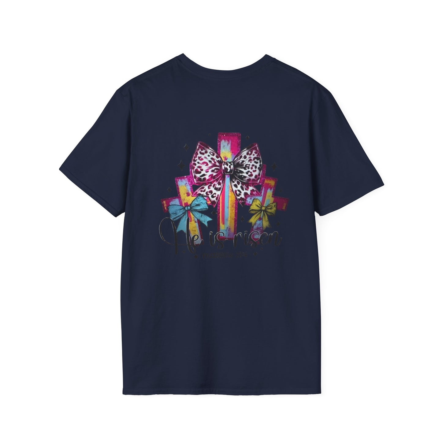 He Is Risen Christian Cross T-Shirt – Colorful Bow Cross Design | Matthew 28:6 Faith Tee