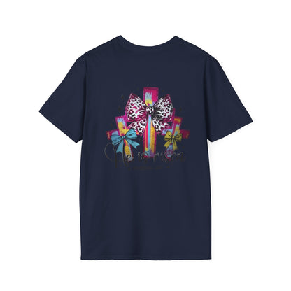 He Is Risen Christian Cross T-Shirt – Colorful Bow Cross Design | Matthew 28:6 Faith Tee