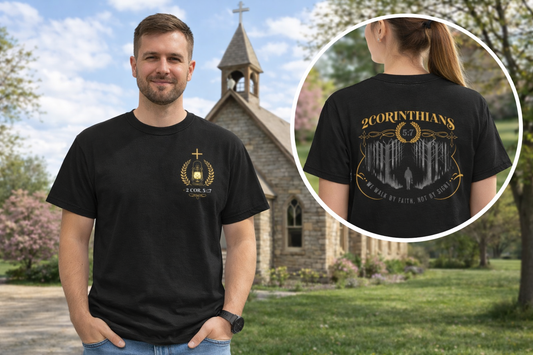 2 Corinthians 5:7 Christian Tee — "Walk by Faith, Not by Sight"