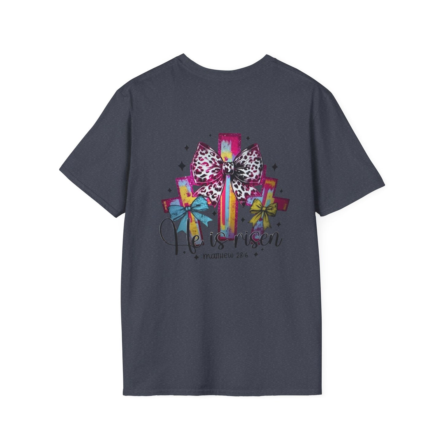 He Is Risen Christian Cross T-Shirt – Colorful Bow Cross Design | Matthew 28:6 Faith Tee