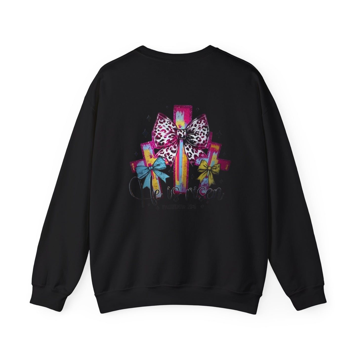 He Is Risen Christian Crewneck Sweatshirt | Colorful Cross With Bow Design | Matthew 28:6 Faith Sweatshirt