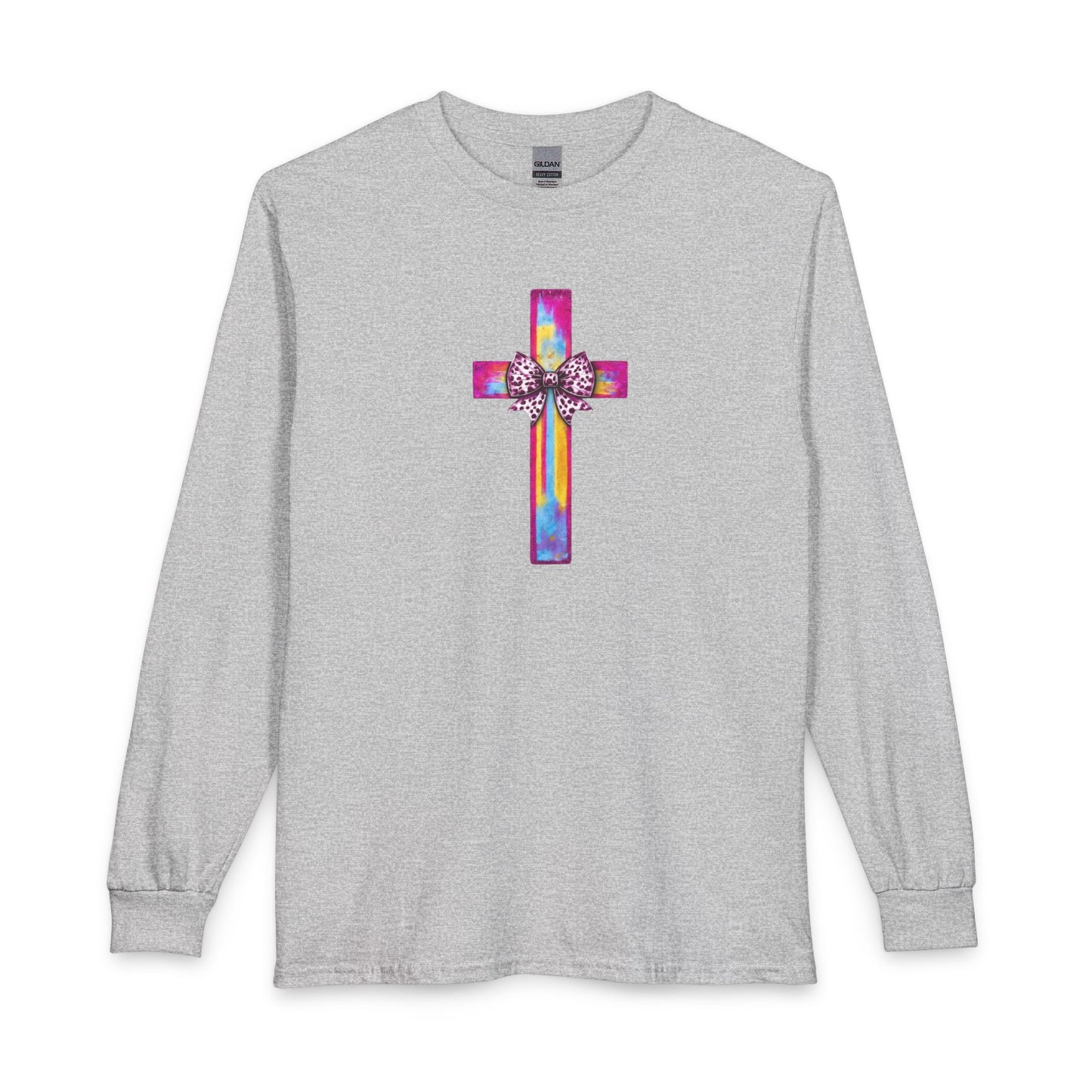 He Is Risen Christian Long Sleeve Shirt | Colorful Cross With Bow Design | Matthew 28:6 Faith Long Sleeve Tee