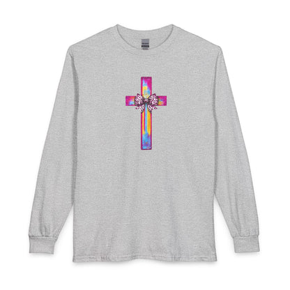 He Is Risen Christian Long Sleeve Shirt | Colorful Cross With Bow Design | Matthew 28:6 Faith Long Sleeve Tee