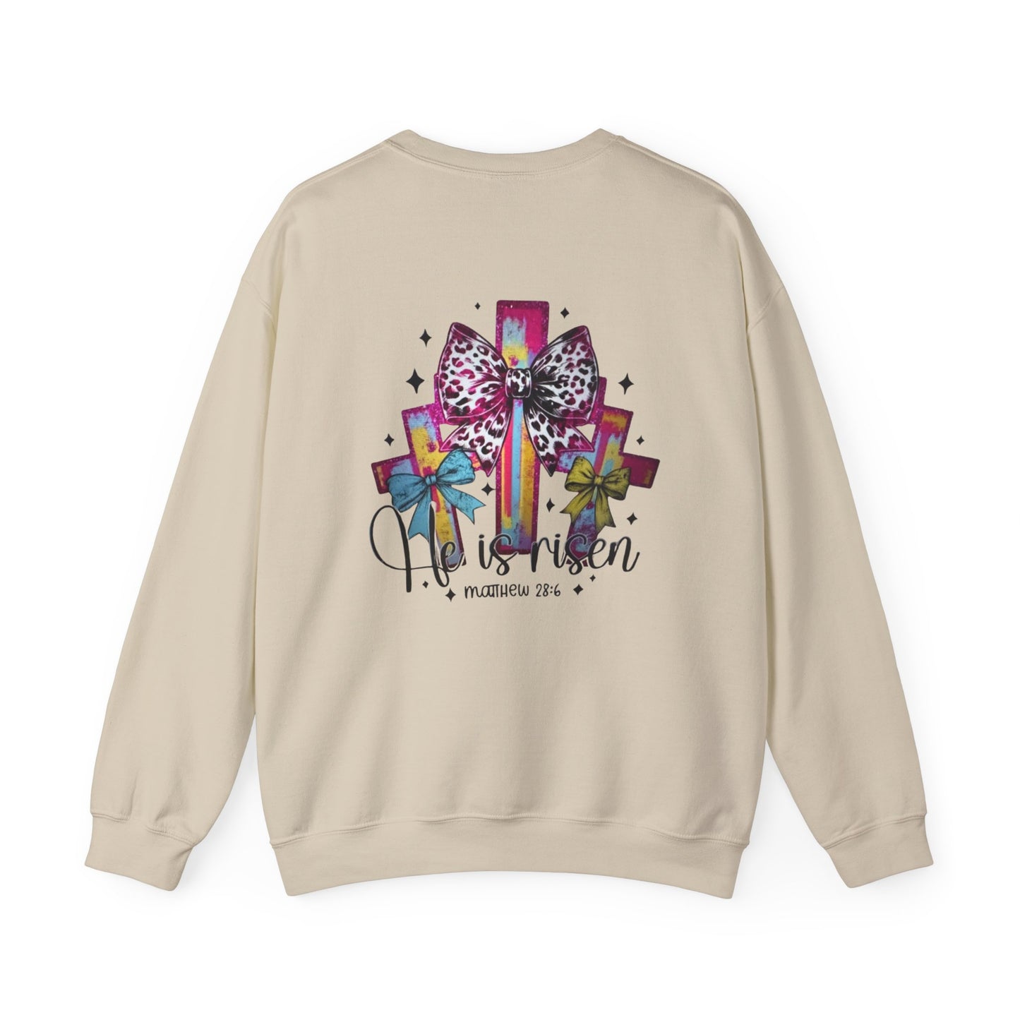 He Is Risen Christian Crewneck Sweatshirt | Colorful Cross With Bow Design | Matthew 28:6 Faith Sweatshirt