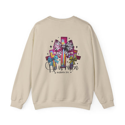 He Is Risen Christian Crewneck Sweatshirt | Colorful Cross With Bow Design | Matthew 28:6 Faith Sweatshirt