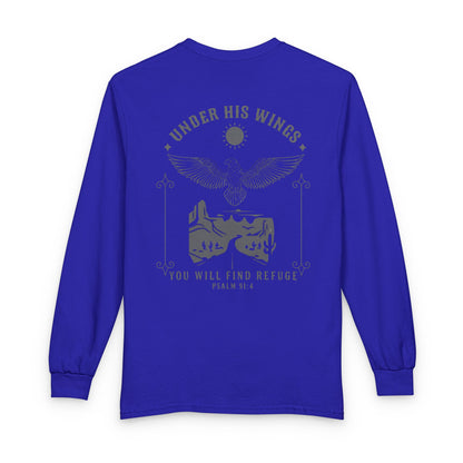 Under His Wings Long-Sleeve Christian T-Shirt for Men & Women – Psalm 91:4 Faith Shirt | Gather & Co. LLC