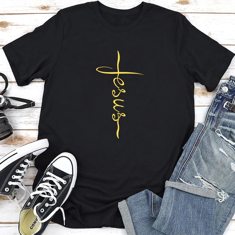 Cross Print Tee - Bold Christian Graphic Shirt For Women