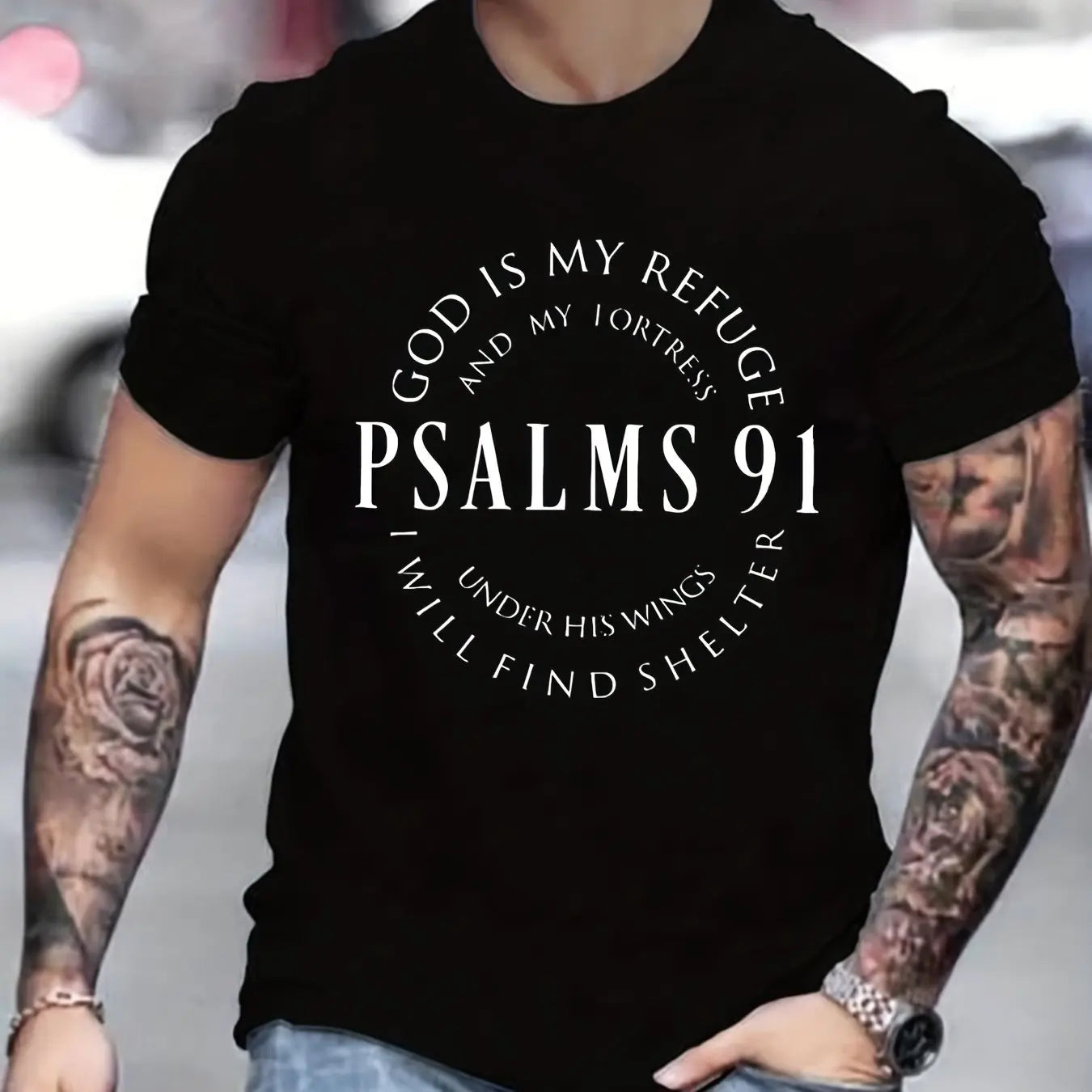 Men’s Psalms 91 T-Shirt – Christian Bible Verse Tee, Short Sleeve, Cotton
