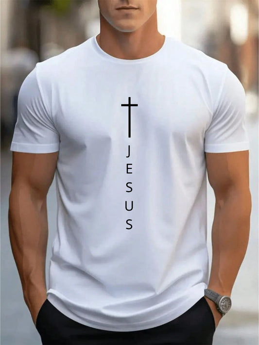 Men’s Casual Cross + Jesus Letter Printed T-shirt – Short Sleeve