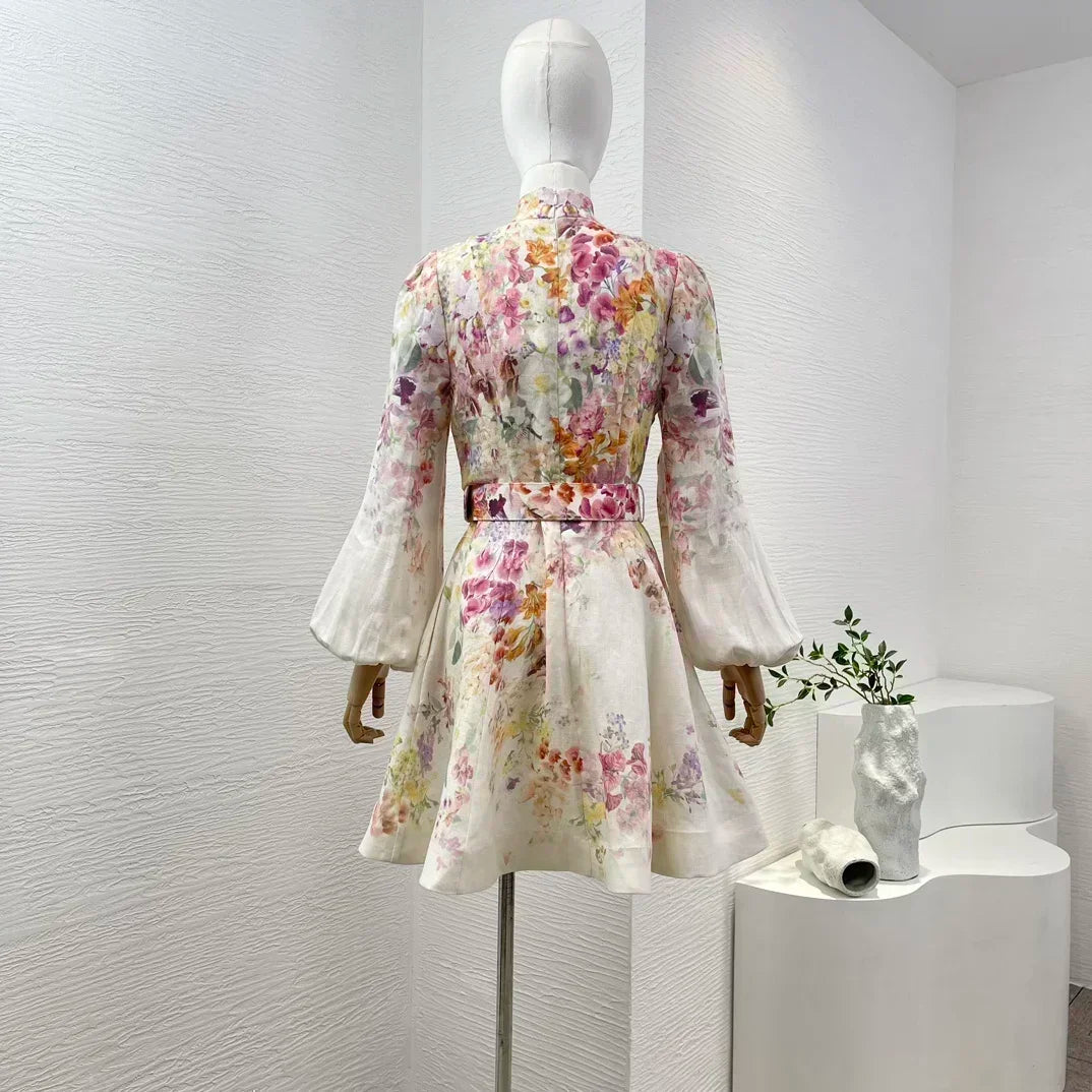 Linen Floral Lantern Sleeve Dress –  Belted Button-Down For Summer & Fall