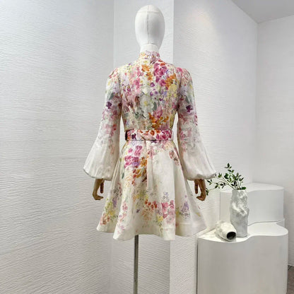 Linen Floral Lantern Sleeve Dress –  Belted Button-Down For Summer & Fall