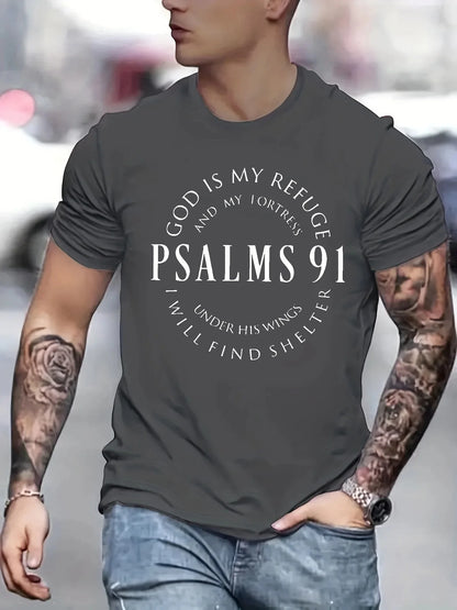 Men’s Psalms 91 T-Shirt – Christian Bible Verse Tee, Short Sleeve, Cotton