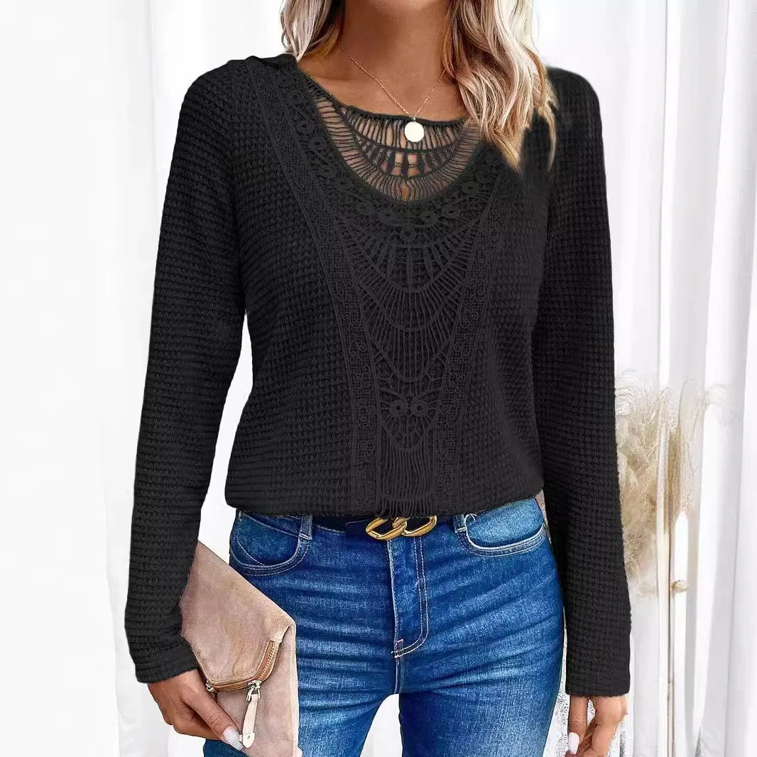 Solid Crew Neck Cut Out T-Shirt Elegant Ribbed Long Sleeve Contrast Lace T-Shirt For Fall & Winter Women's Clothing