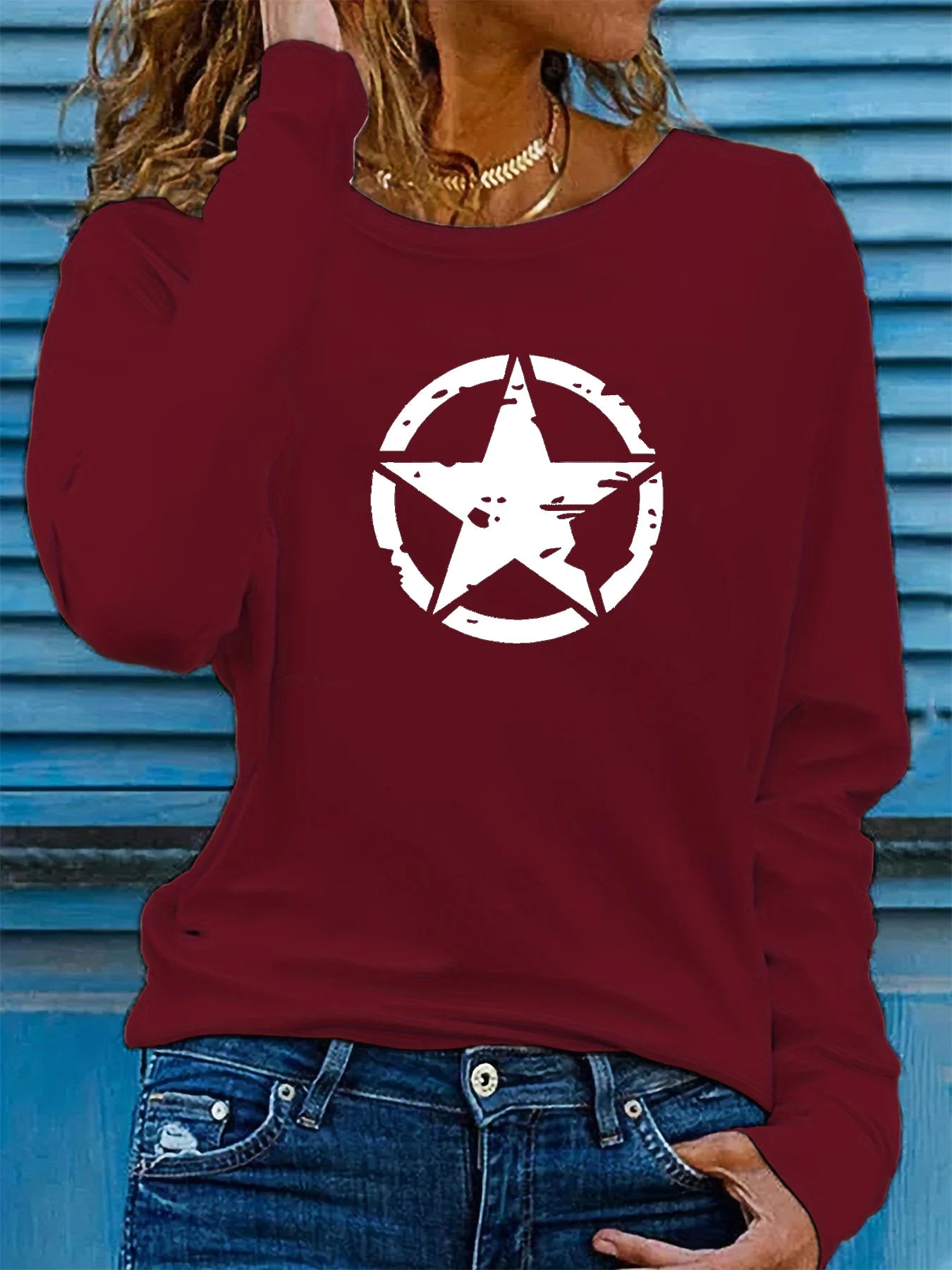 Star Graphic Long Sleeve Casual Sweatshirt – Women’s Comfy Cotton Crewneck Pullover