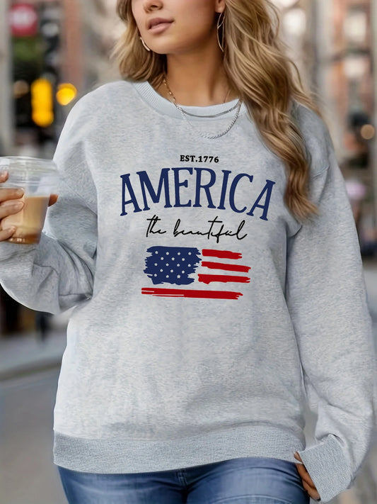 America Flag Graphic Pullover – Cozy Fall/Winter Sweatshirt for Women
