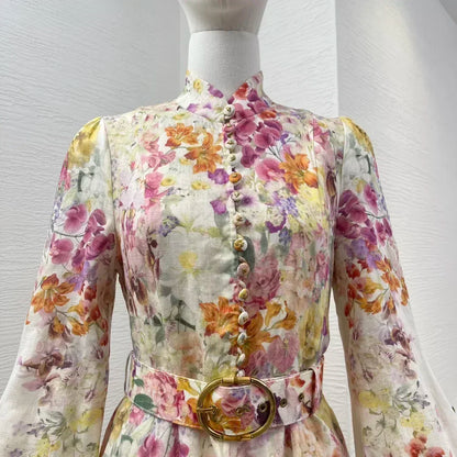 Linen Floral Lantern Sleeve Dress –  Belted Button-Down For Summer & Fall