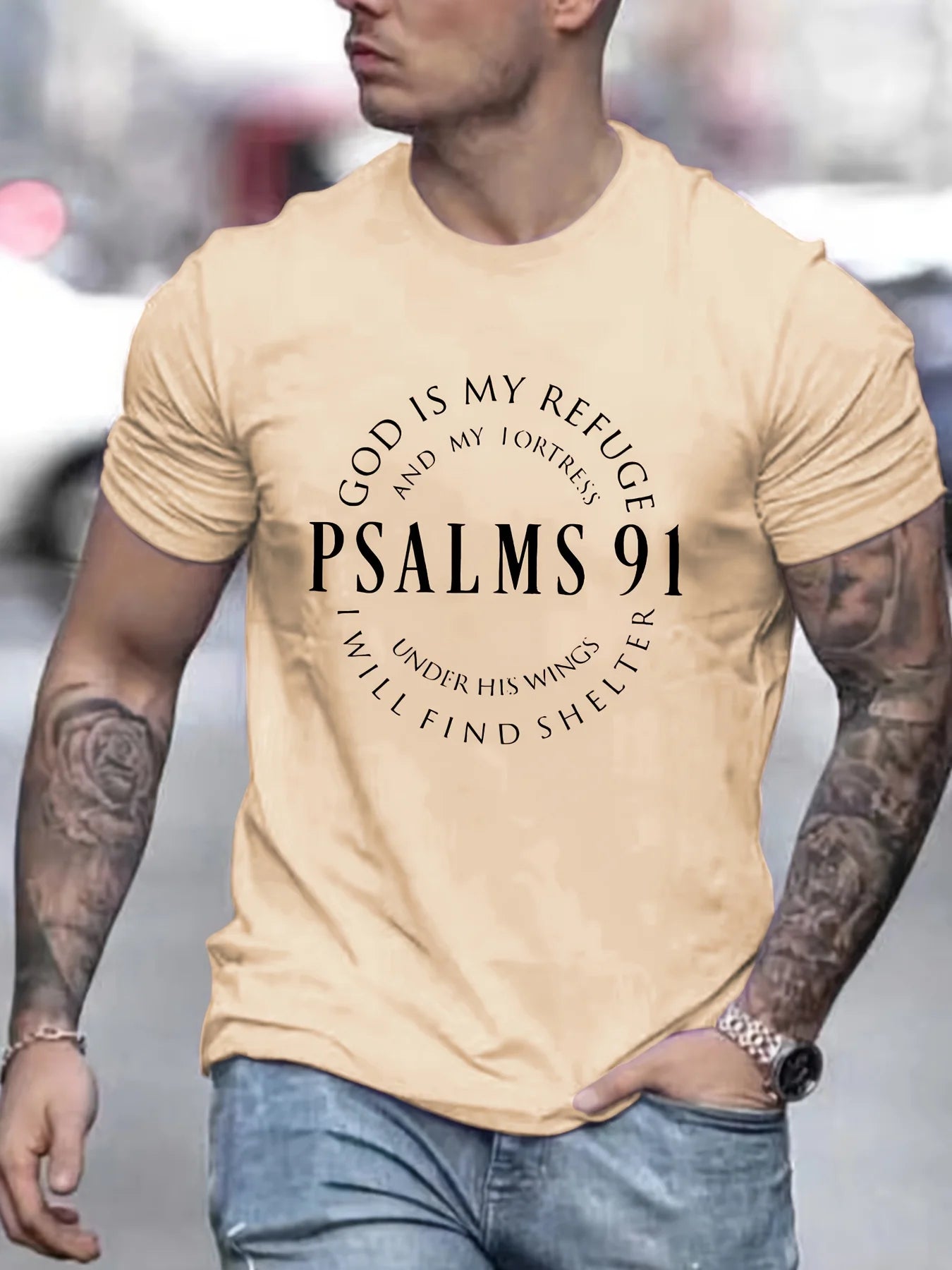 Men’s Psalms 91 T-Shirt – Christian Bible Verse Tee, Short Sleeve, Cotton