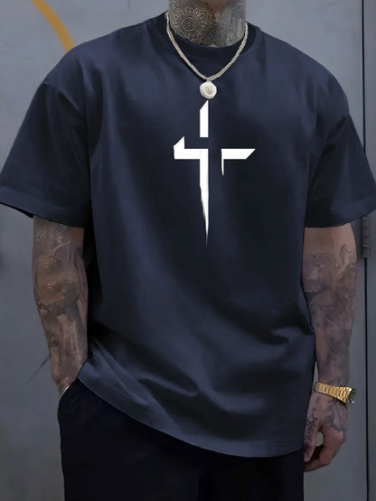 Cross Printed Tee – Men’s Christian Summer Shirt | Soft Cotton, Loose Fit