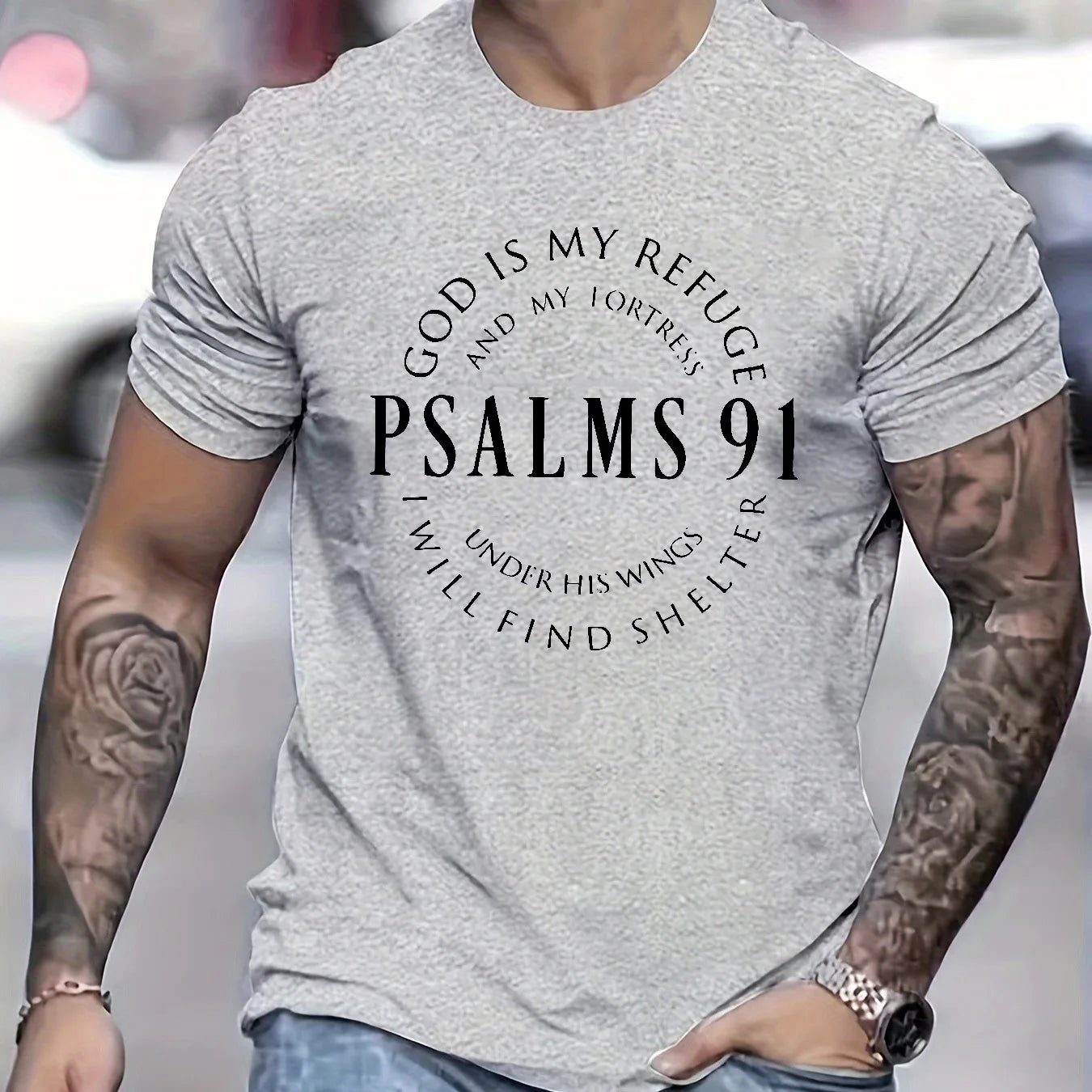 Men’s Psalms 91 T-Shirt – Christian Bible Verse Tee, Short Sleeve, Cotton
