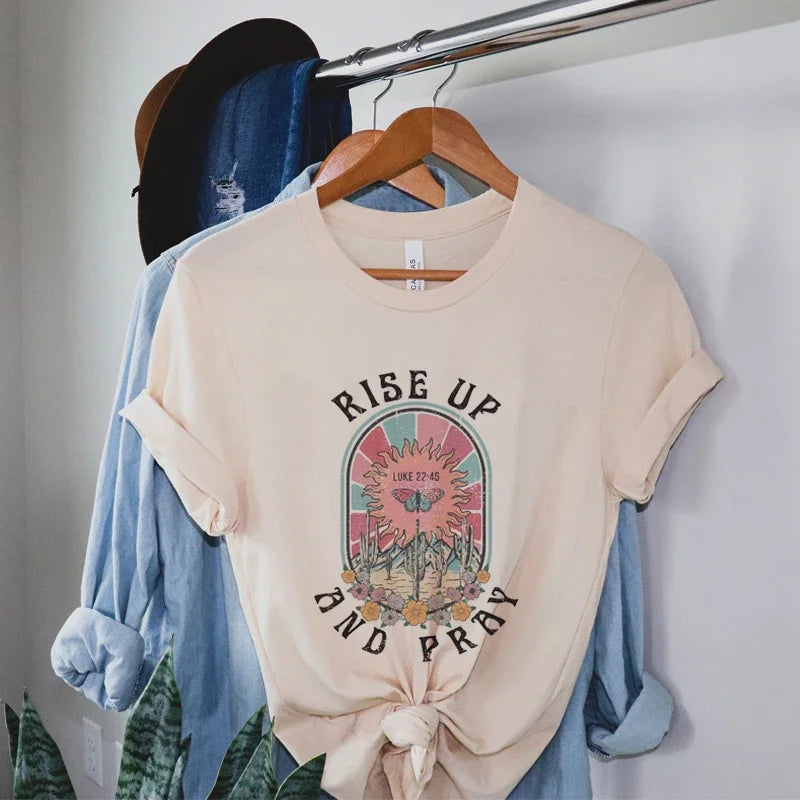 Rise Up and Pray Tee – Retro Boho Christian Graphic T-Shirt
