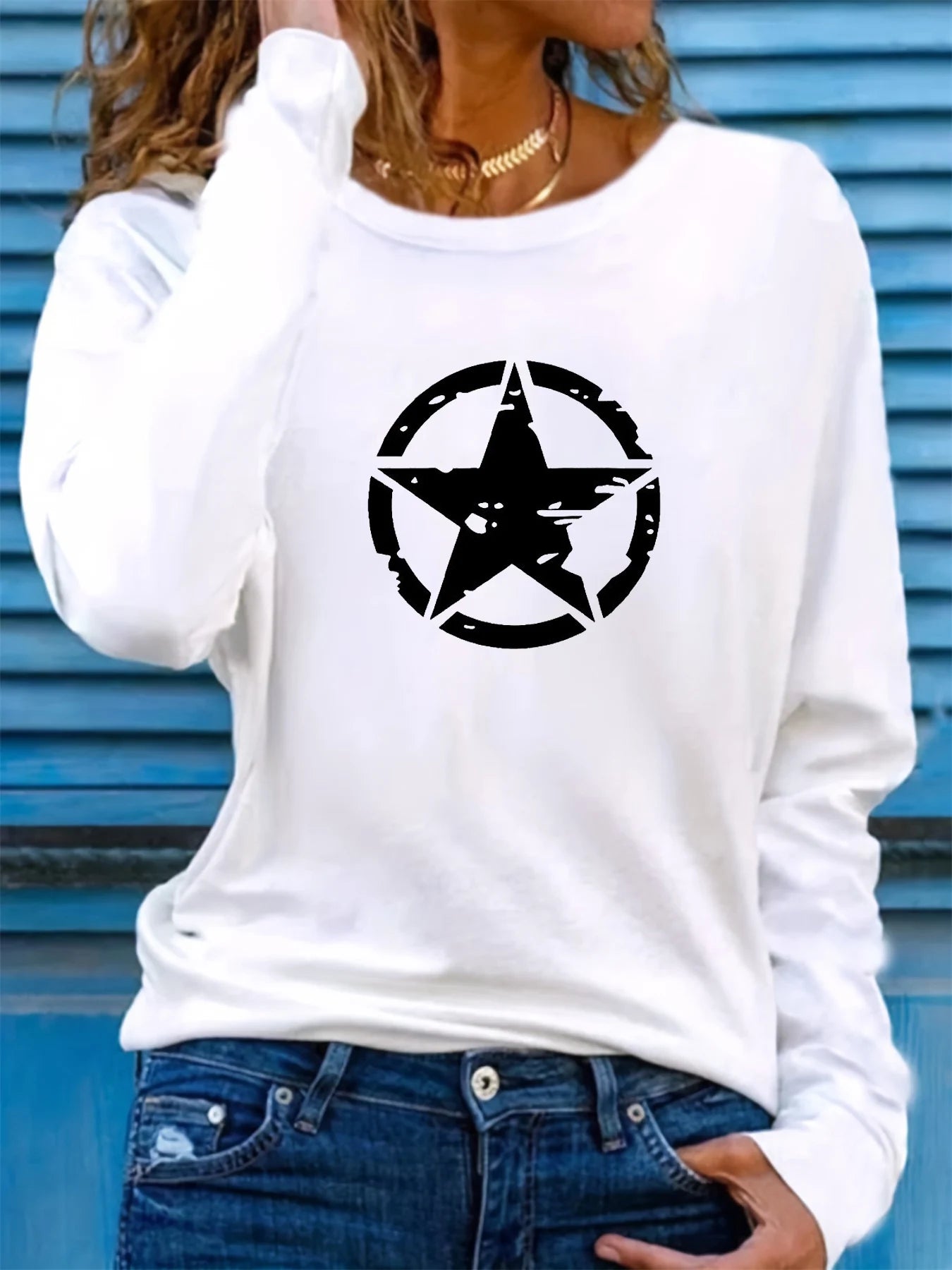 Star Graphic Long Sleeve Casual Sweatshirt – Women’s Comfy Cotton Crewneck Pullover