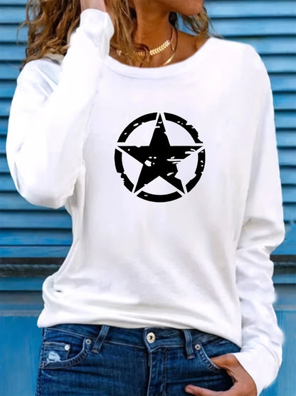 Star Graphic Long Sleeve Casual Sweatshirt – Women’s Comfy Cotton Crewneck Pullover
